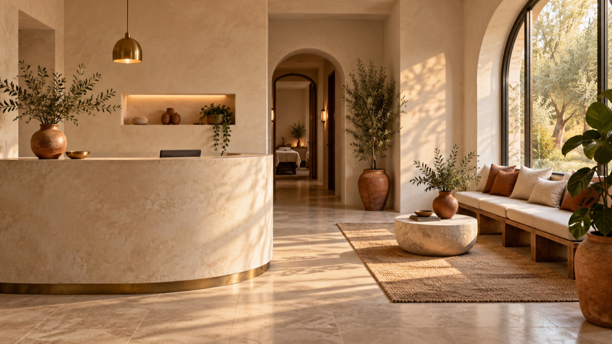 The MassageMax lounge with a curved plaster desk, oak bench and arched window